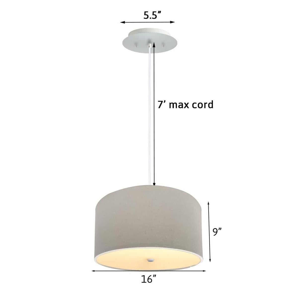 16" W 2 Light Pendant Light Oatmeal Linen Drum Shade with Diffuser, White Cord