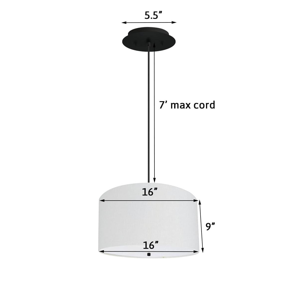 16" W 2 Light Pendant White Linen Drum Shade with Diffuser, Black Cord