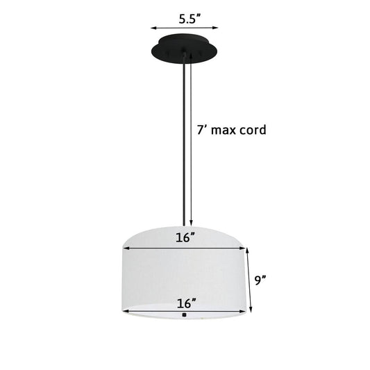 16" W 2 Light Pendant White Linen Drum Shade with Diffuser, Black Cord