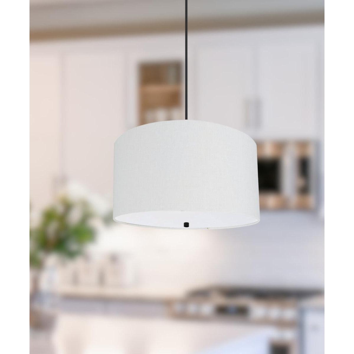 16" W 2 Light Pendant White Linen Drum Shade with Diffuser, Black Cord