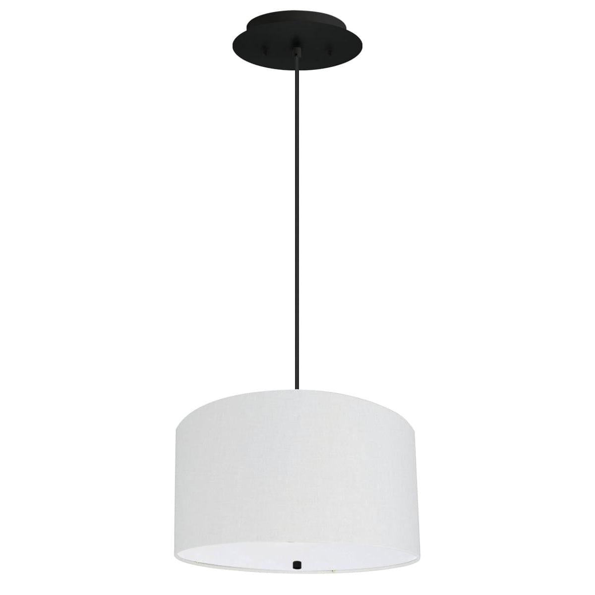 16" W 2 Light Pendant White Linen Drum Shade with Diffuser, Black Cord