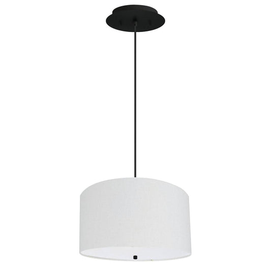 16" W 2 Light Pendant White Linen Drum Shade with Diffuser, Black Cord