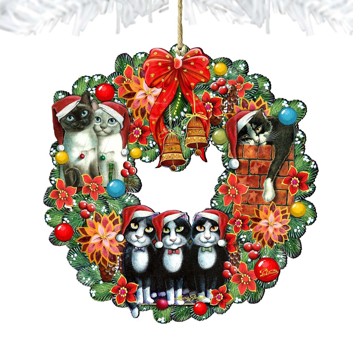 Christmas Friends Kitty Wreath Wooden Ornaments by G. DeBrekht and L. Seeley - Pets Dog and Cats Decor - 8185307-5-SL