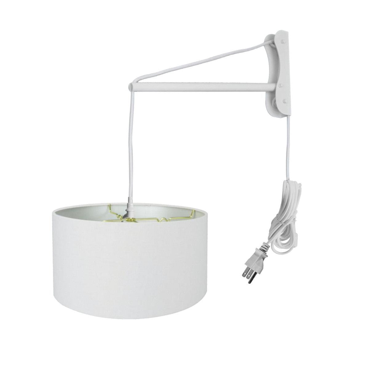 16"W 2 Light MAST Plug-In Wall Mount Pendant  White Linen Drum with Diffuser White Cord/Arm