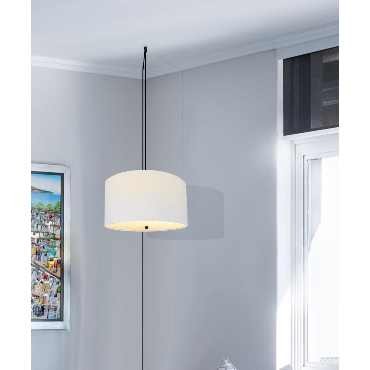 16"W 2 Light Swag Plug-In Pendant  White Linen Drum with Diffuser Black Cord