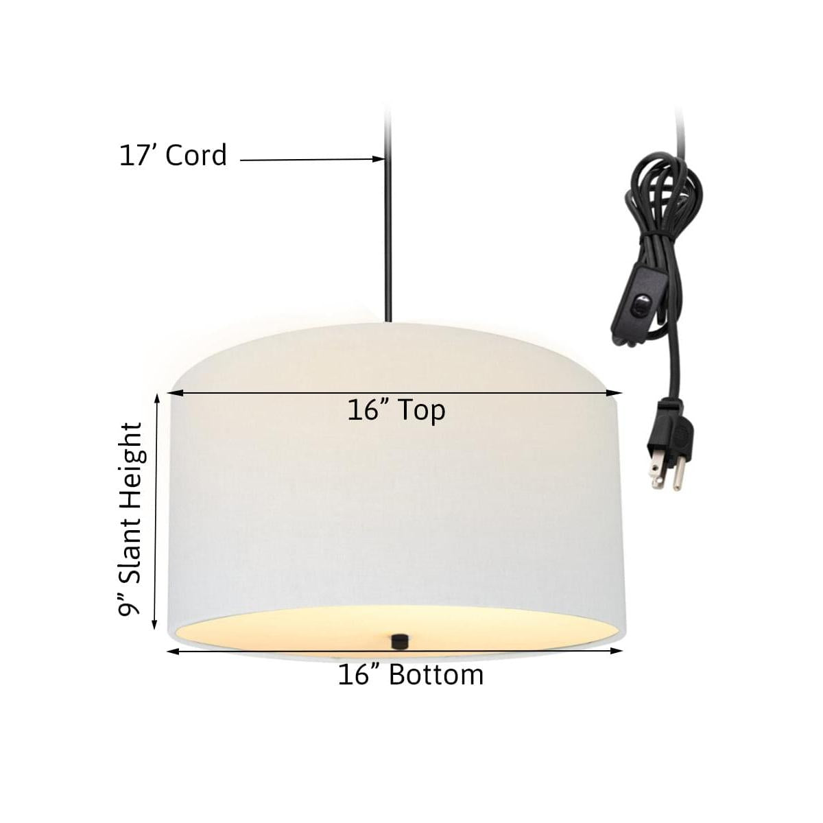 16"W 2 Light Swag Plug-In Pendant  White Linen Drum with Diffuser Black Cord
