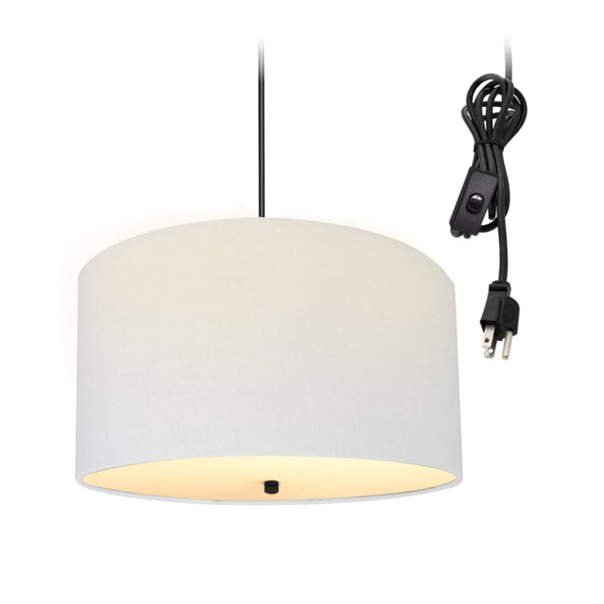 16"W 2 Light Swag Plug-In Pendant  White Linen Drum with Diffuser Black Cord