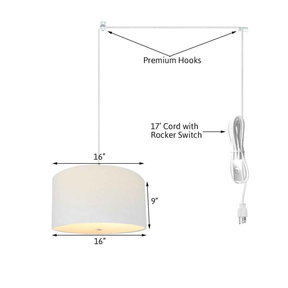 16"W 2 Light Swag Plug-In Pendant  White Linen Drum with Diffuser White Cord