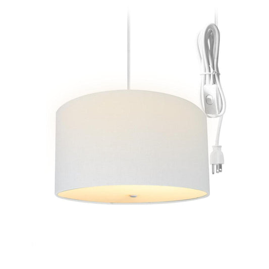 16"W 2 Light Swag Plug-In Pendant  White Linen Drum with Diffuser White Cord