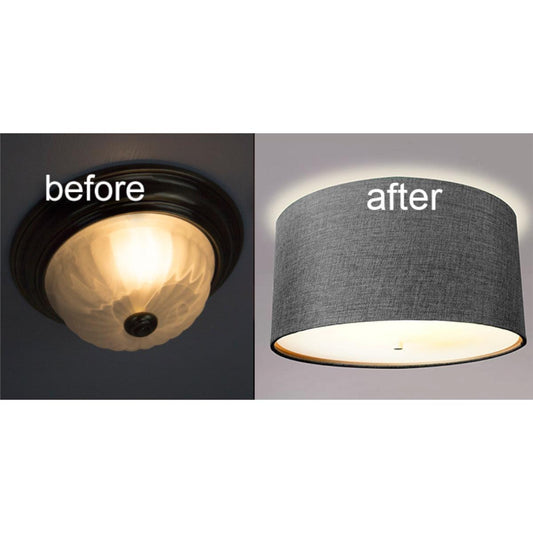 16"W Moderne Flush Mount Conversion Kit  Granite Gray Burlap Hardback Drum Lampshade