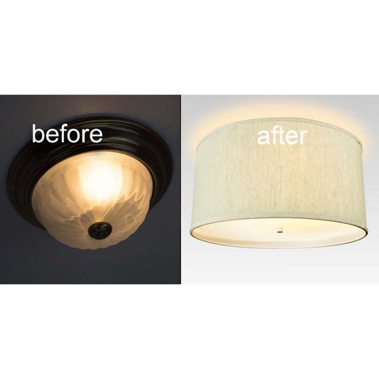 16"W Moderne Flush Mount Conversion Kit  Textured Oatmeal Hardback Drum Lampshade