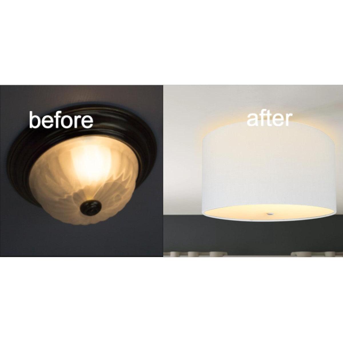 16"W Moderne Flush Mount Conversion Kit  White Linen Drum Lampshade