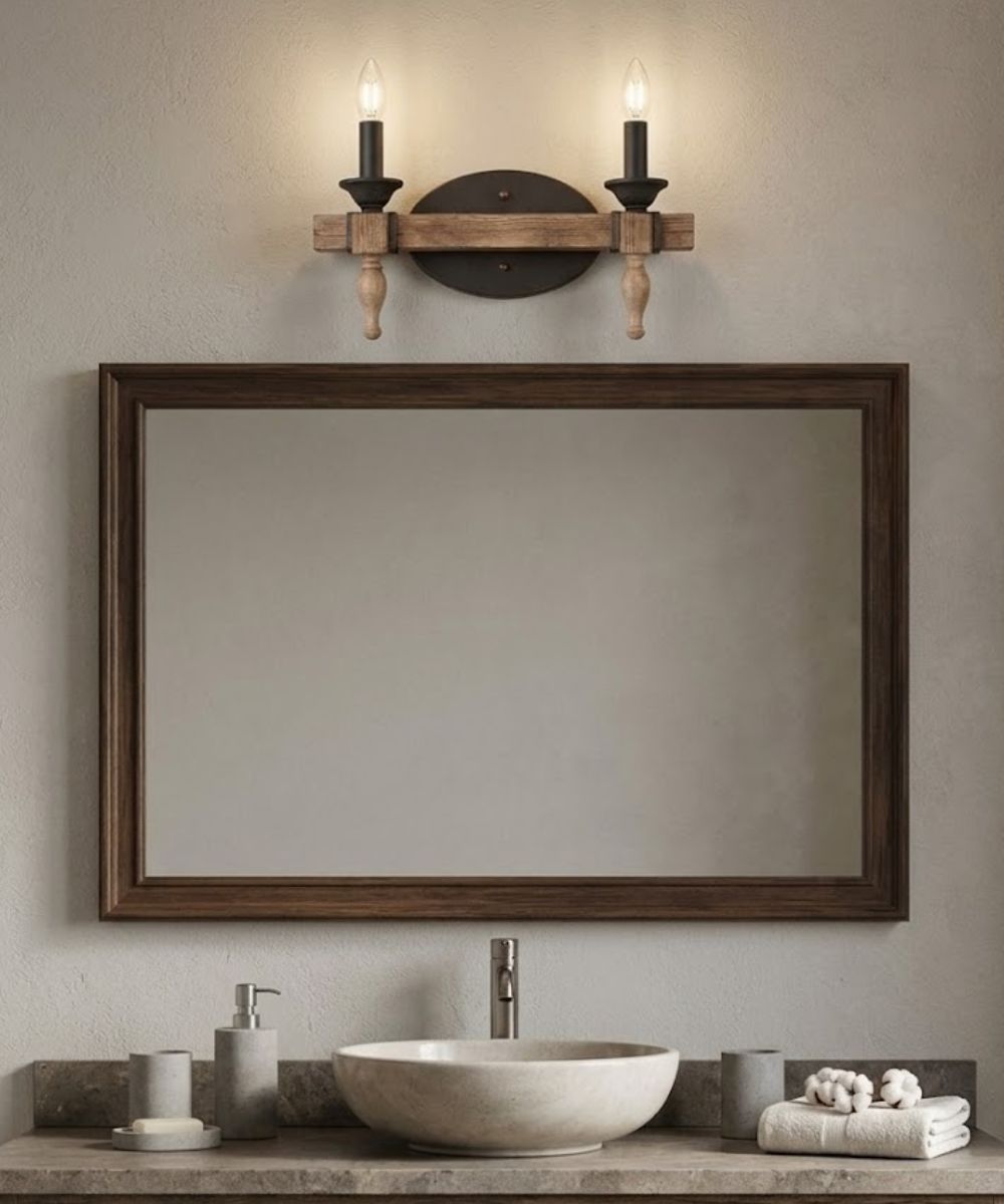 Glenwood 14"W 2-Light Aged Bronze and Distressed Oak Finish Bathroom Vanity Light Fixture