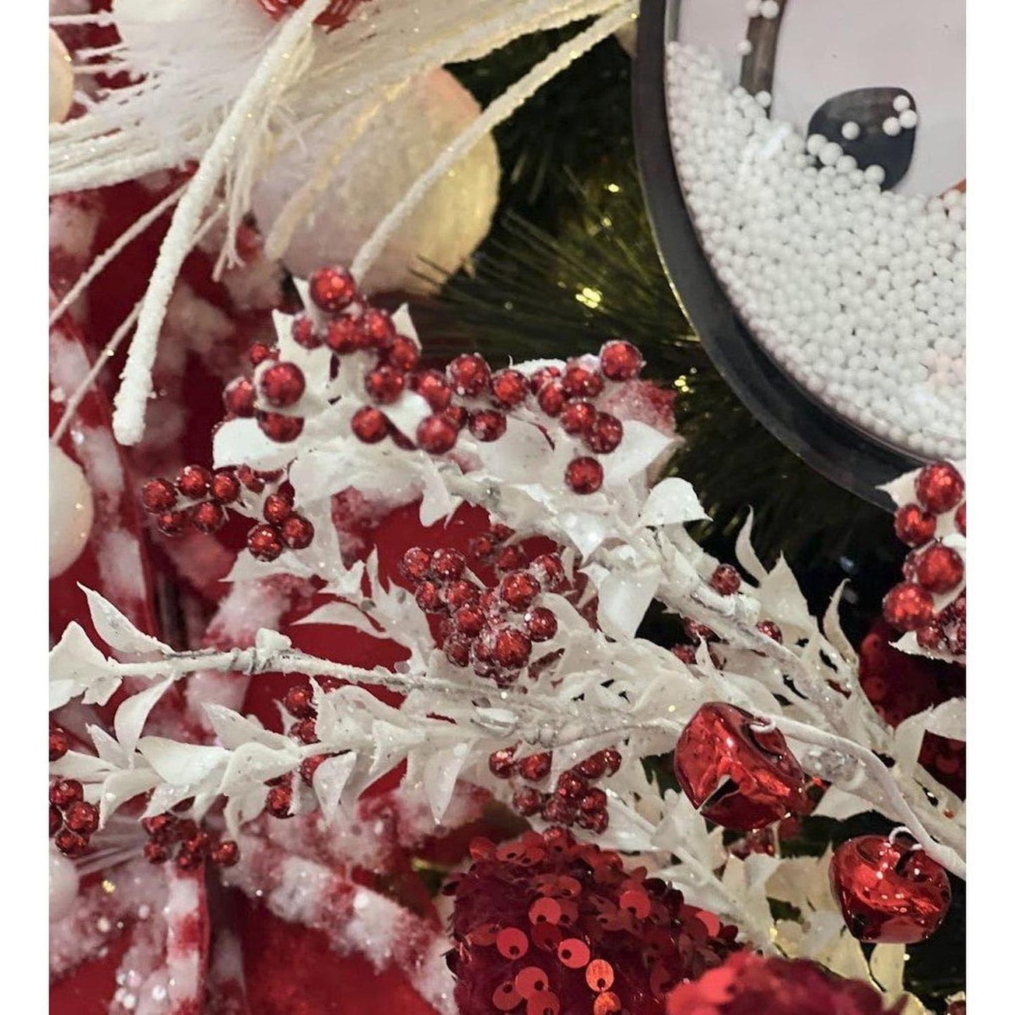 18" Jingle Bell Berry Leaf Spray: White/Red