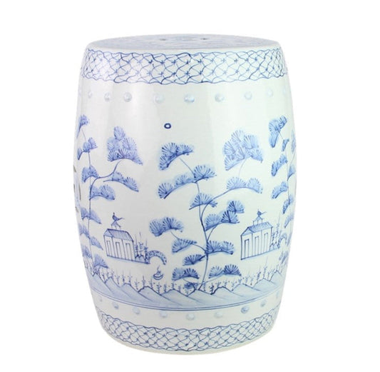 a white and blue ceramic stool