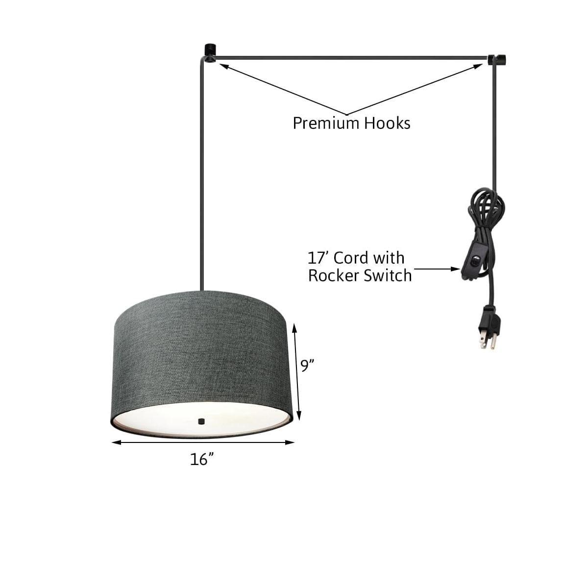 18"W 2 Light Swag Plug-In Pendant  Granite Gray with Diffuser Black Cord
