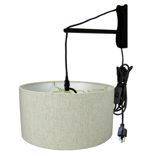 18"W MAST Plug-In Wall Mount Pendant 1 Light Black Cord/Arm Textured Oatmeal Shade