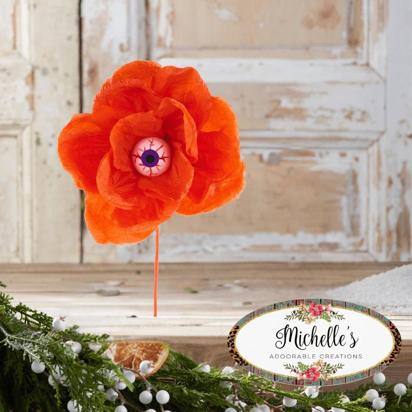 19" Paper Rose Eyeball Stem: Orange