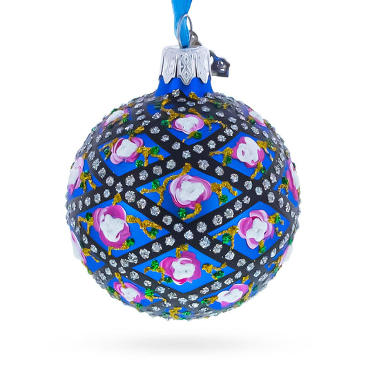 1907 Rose Trellis Royal Green Glass Ball Christmas Ornament 2.4 Inches