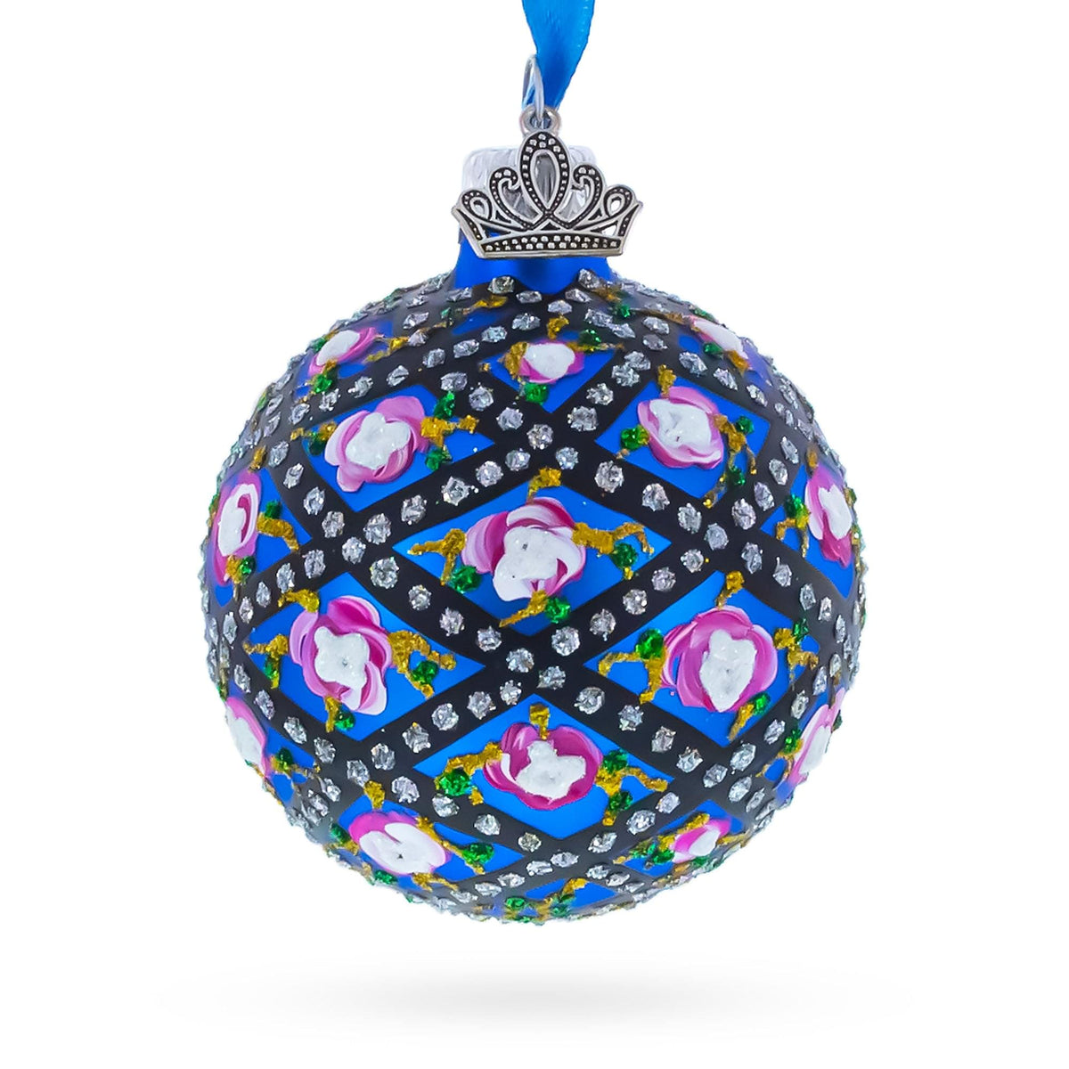 1907 Rose Trellis Royal Green Glass Ball Christmas Ornament 2.4 Inches
