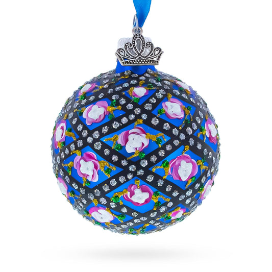 1907 Rose Trellis Royal Green Glass Ball Christmas Ornament 2.4 Inches
