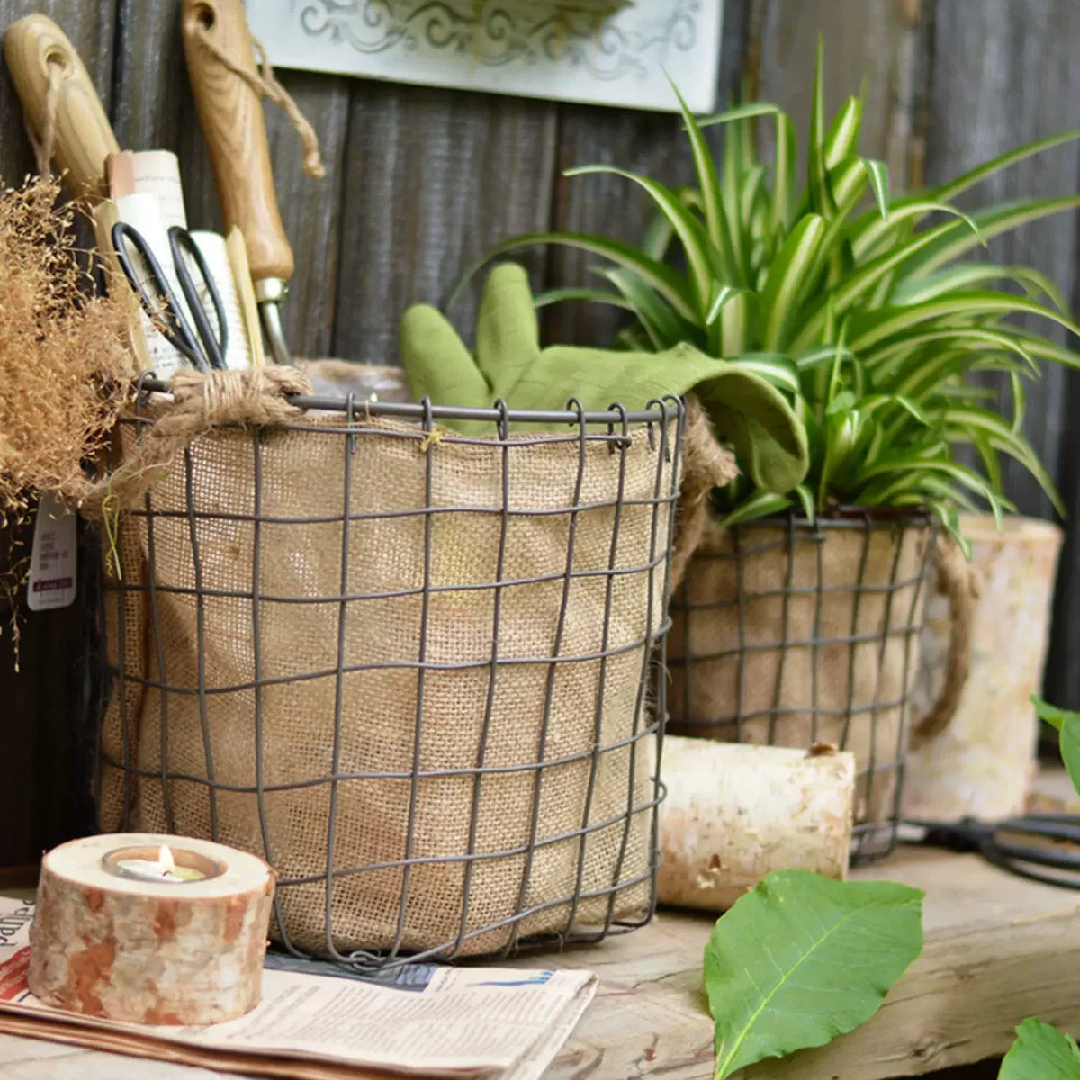 Rustic Wire & Burlap Planter Basket
