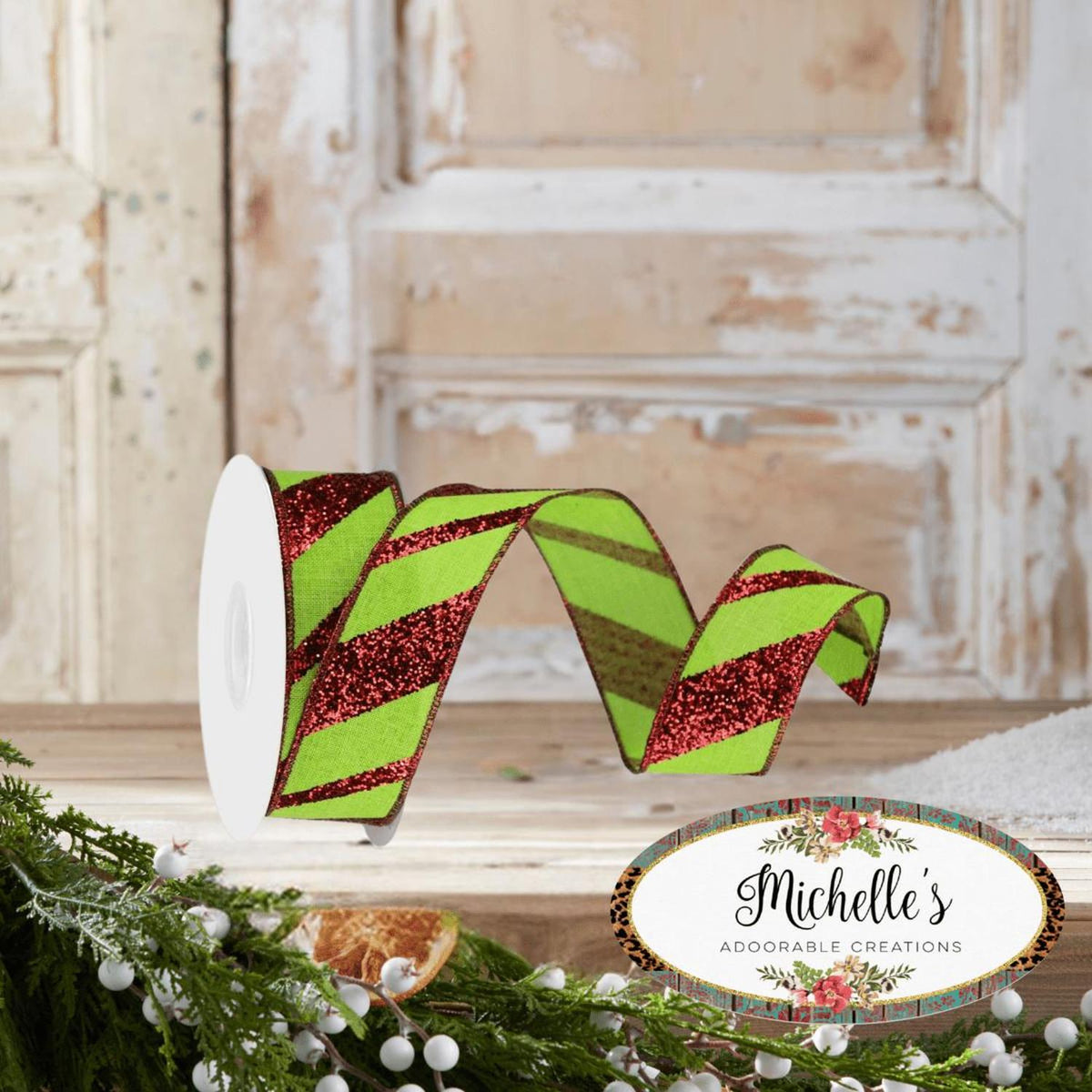 1.5" Diagonal Glitter on Royal Ribbon: Lime Green (10 Yards)
