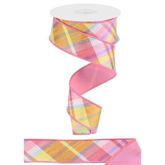 1.5" Diagonal Plaid Fused Ribbon: Light Pink/Yellow (10 Yards)