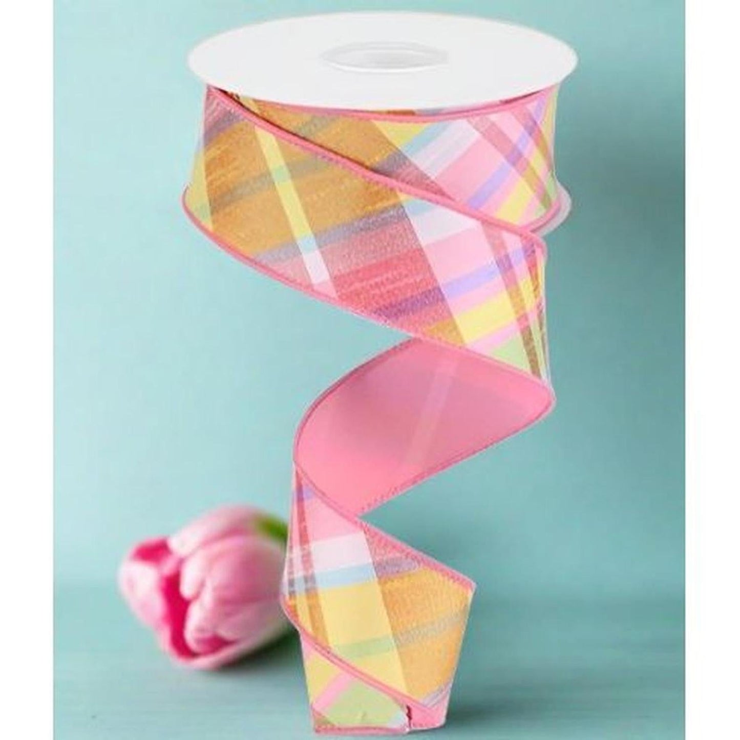 1.5" Diagonal Plaid Fused Ribbon: Light Pink/Yellow (10 Yards)