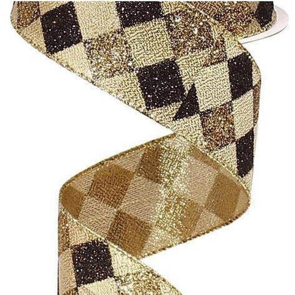 1.5" Glitter Diamond Check Ribbon: Black & Gold (10 Yards)