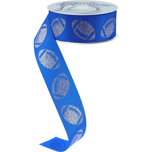 1.5" Glitter Football Ribbon: Royal Blue/Silver (100 Feet)