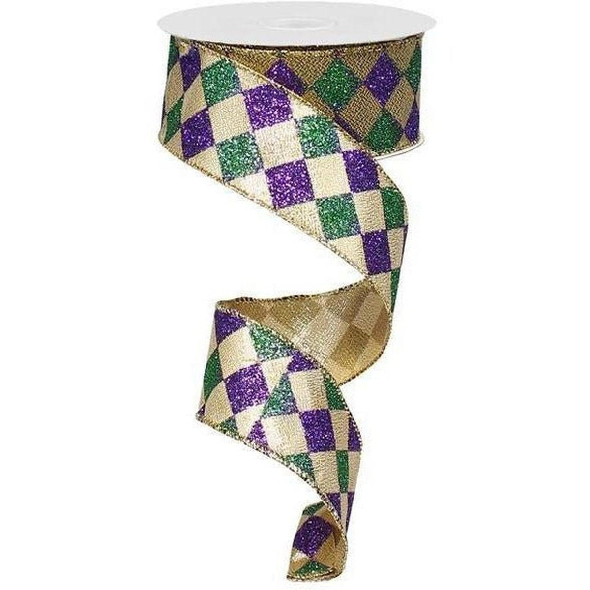 1.5" Harlequin Glitter Diamond Ribbon:  Mardi Gras (10 Yards)