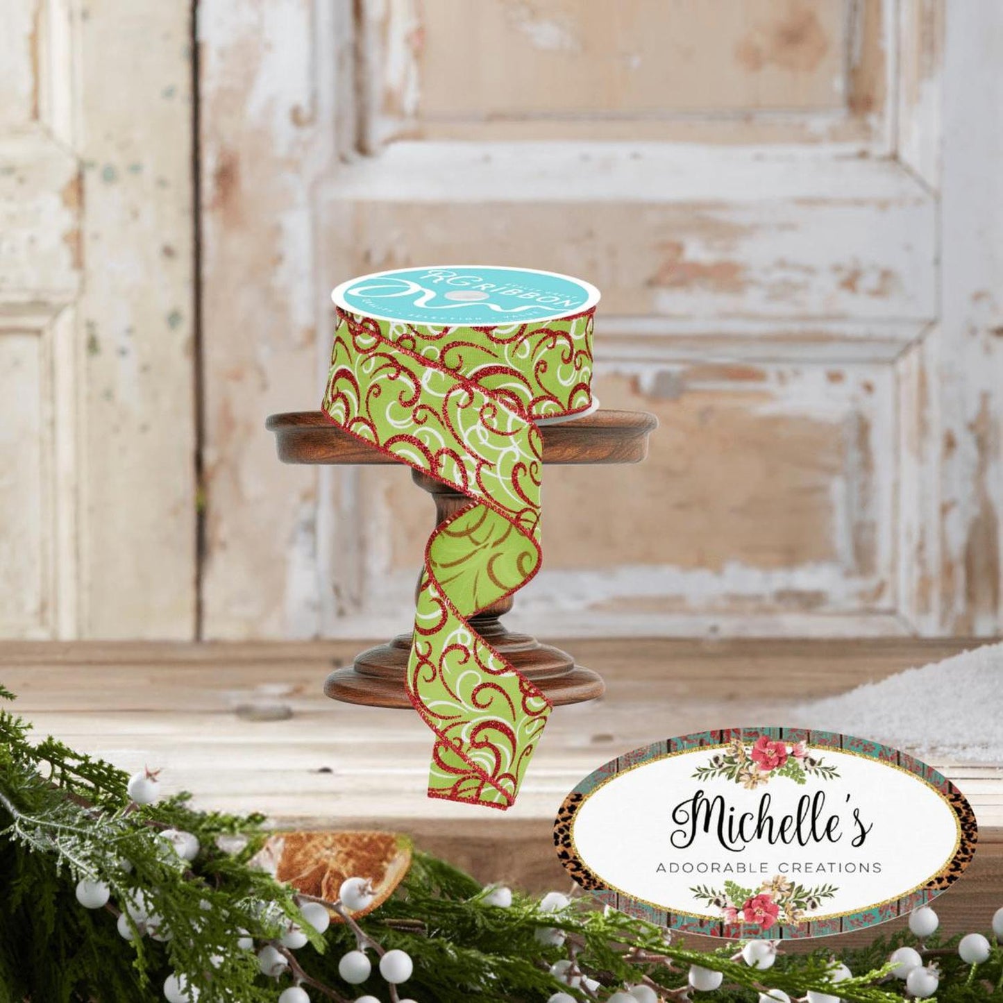 1.5" Multi Swirls Glitter Ribbon: Lime Green/Red (10 Yard)