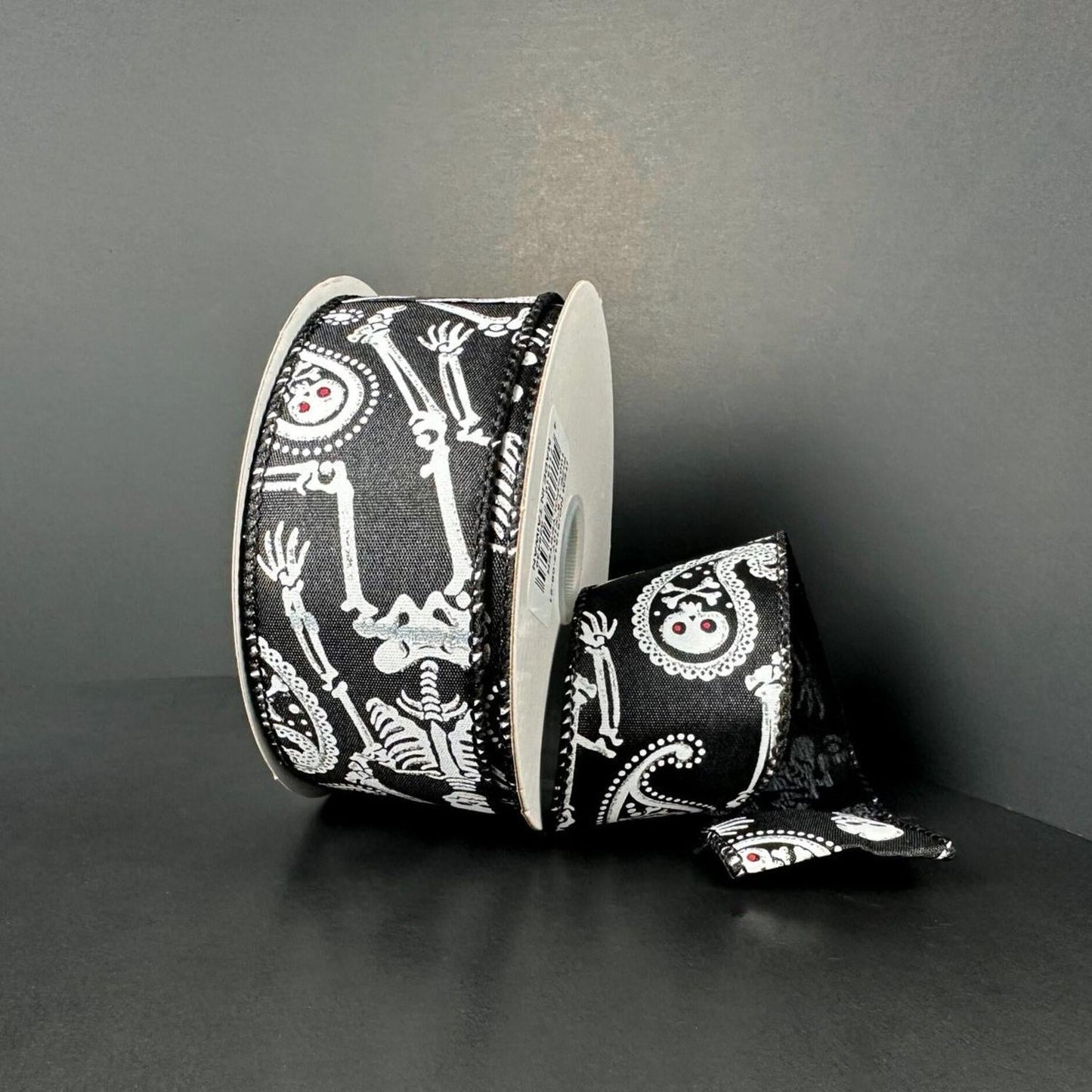 1.5" Paisley Skull Halloween Ribbon: Black (10 Yards)