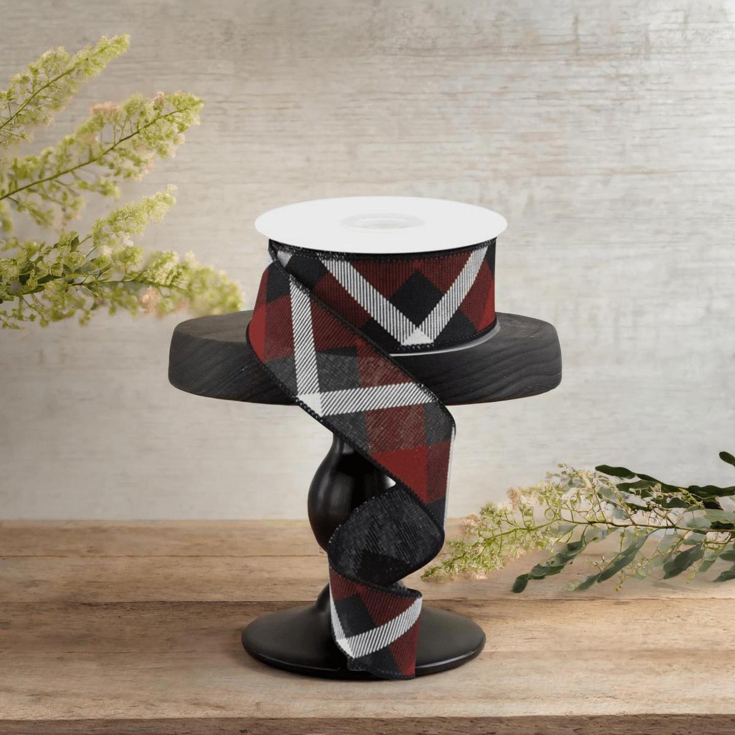 1.5" Printed Plaid Ribbon: Black, Red, White