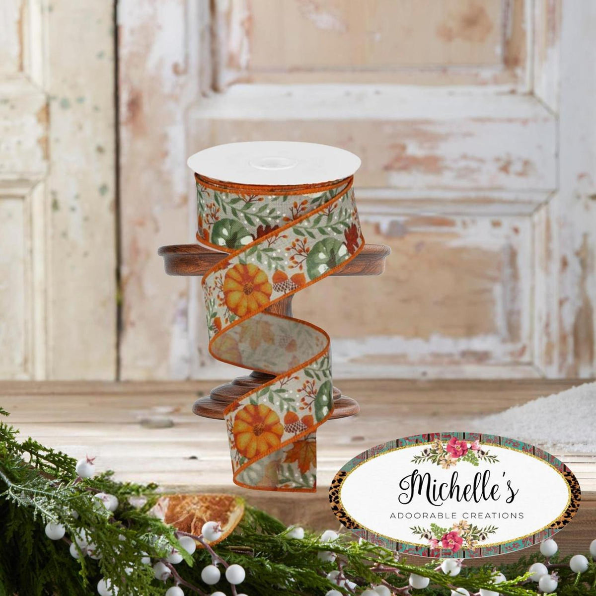 1.5" Pumpkin Foliage Ribbon: Light Natural (10 Yards)