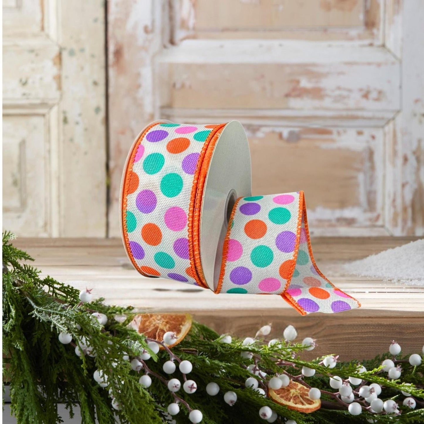 1.5" Stiff Linen Polka Dot Ribbon: Multi (10 Yards)