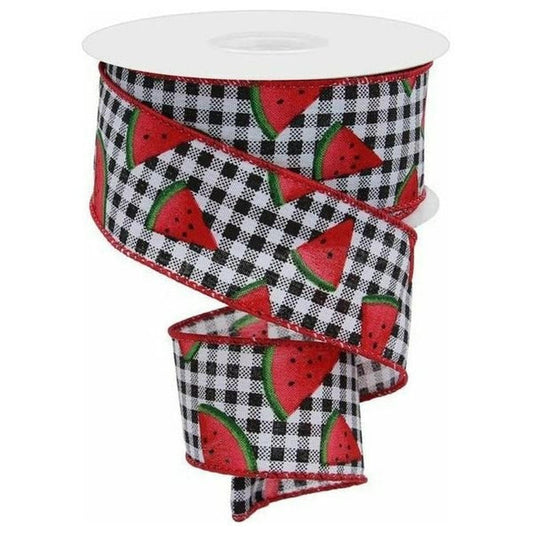 1.5" Watermelon Slice Gingham Ribbon: Black/White (10 Yards)