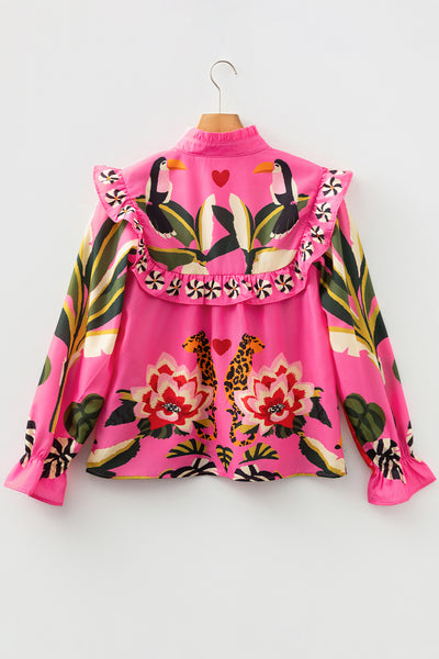Rose Leopard Print Tropical Ruffle Blouse