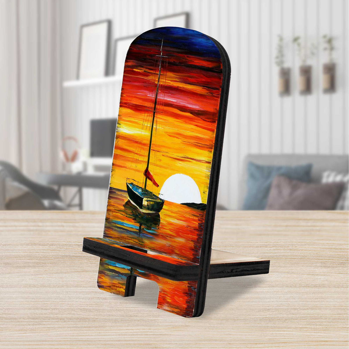 Sunset Sailboat Coastal Cell Phone Stand Wood Mobile Tablet Holder Charging Station Organizer - 892047