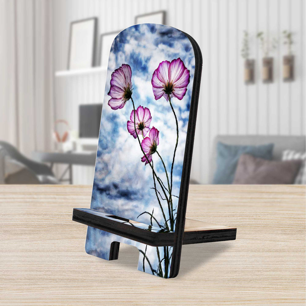 Sky Flowers Decor Cell Phone Stand Wood Mobile Tablet Holder Charging Station Organizer - 892049