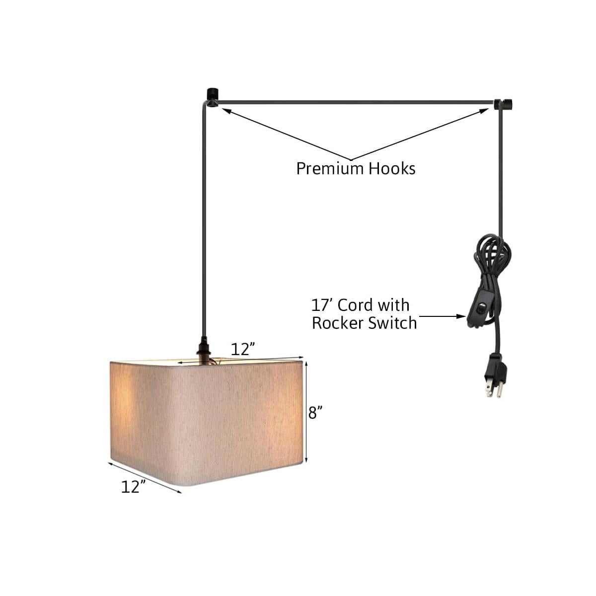 2 Light Swag Plug-In Pendant 12"w Rounded Corner Square Oatmeal Drum Shade with Diffuser, Black Cord
