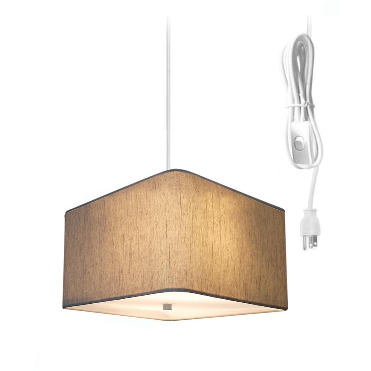 2 Light Swag Plug-In Pendant 12"w Rounded Corner Square Oatmeal Drum Shade with Diffuser, White Cord