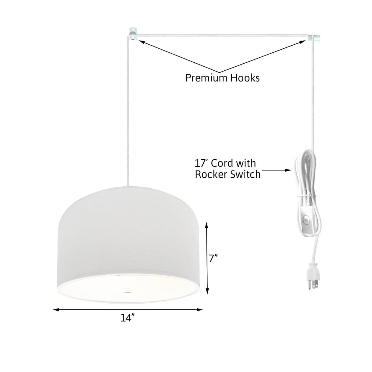 2 Light Swag Plug-In Pendant 14"w White Shade with Diffuser, White Cord