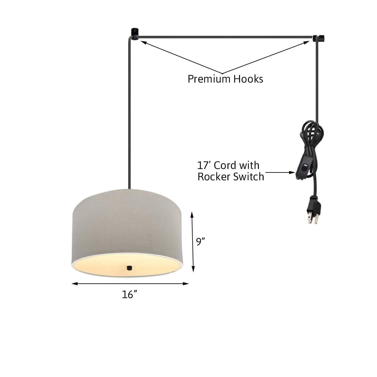 2 Light Swag Plug-In Pendant 16"w Light Oatmeal Linen Drum with Diffuser, Black Cord