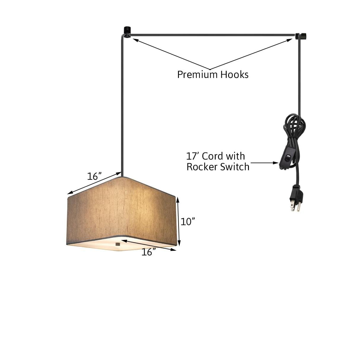 2 Light Swag Plug-In Pendant 16"w Rounded Corner Square Oatmeal Drum Shade with Diffuser, Black Cord