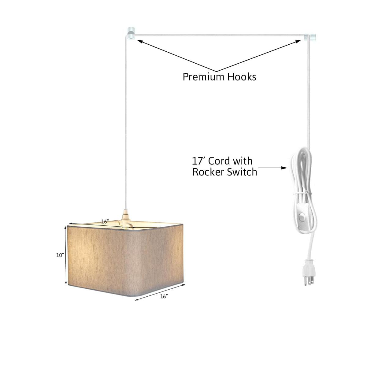 2 Light Swag Plug-In Pendant 16"w Rounded Corner Square Oatmeal Drum Shade with Diffuser, White Cord