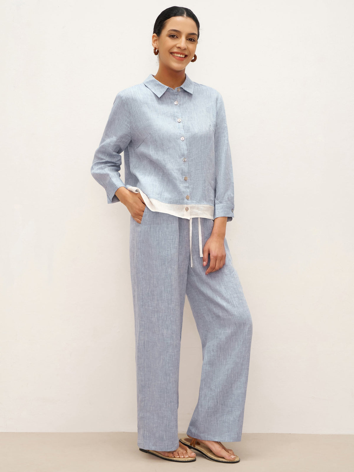 100% Linen Buttoned Closure Color-Blocked Shirt JANICE
