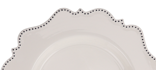 a white plate with black dots