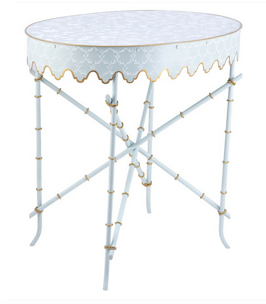 PALE BLUE & WHITE TRELLIS Oval SCALLOPED TABLE